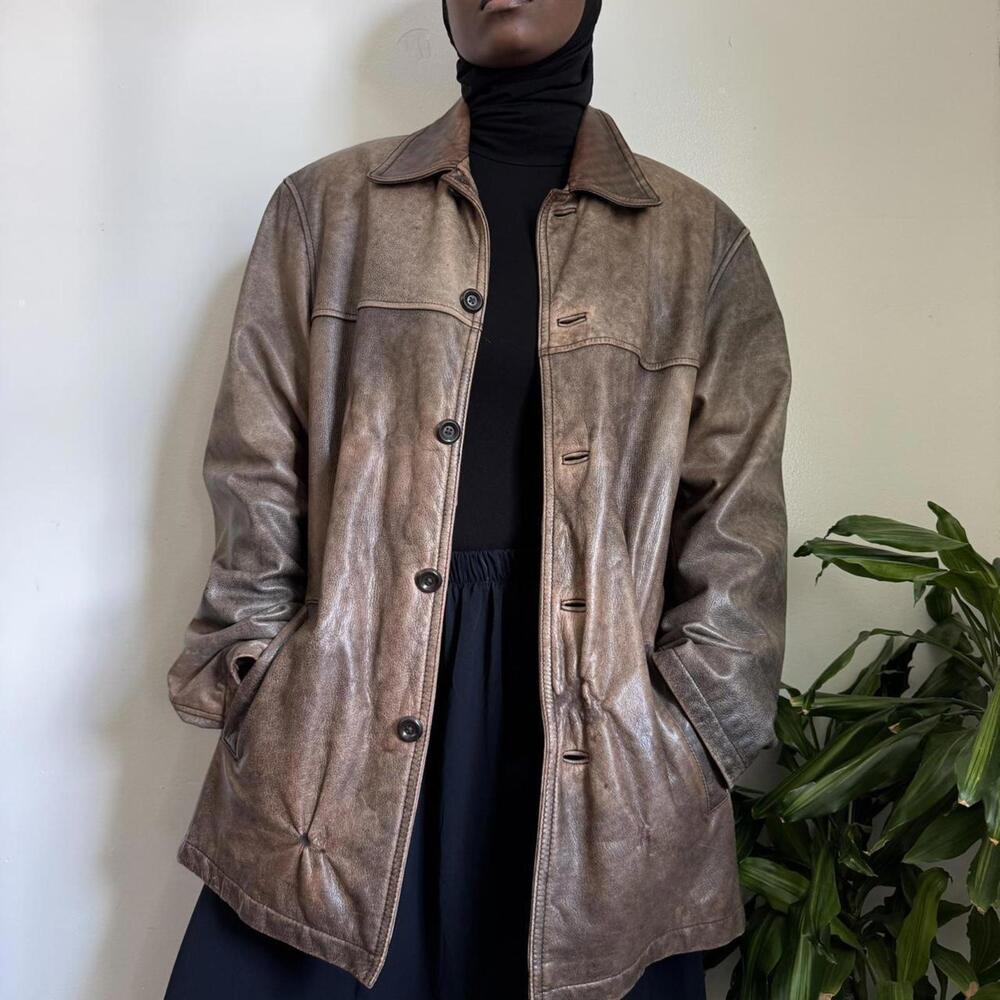 VINTAGE Distressed Earth Tone Leather Car Coat - Y2K Leather Limited Size LT - Picture 2 of 8